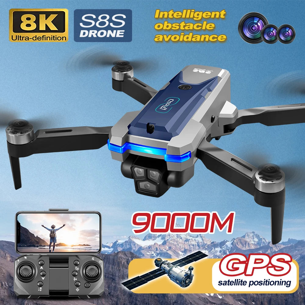 S8S RC Brushless Drone 4K Professional 8K Three ESC Camera Optical Flow Obstacle Avoidance Headless Mode Foldable Quadcopter Toy