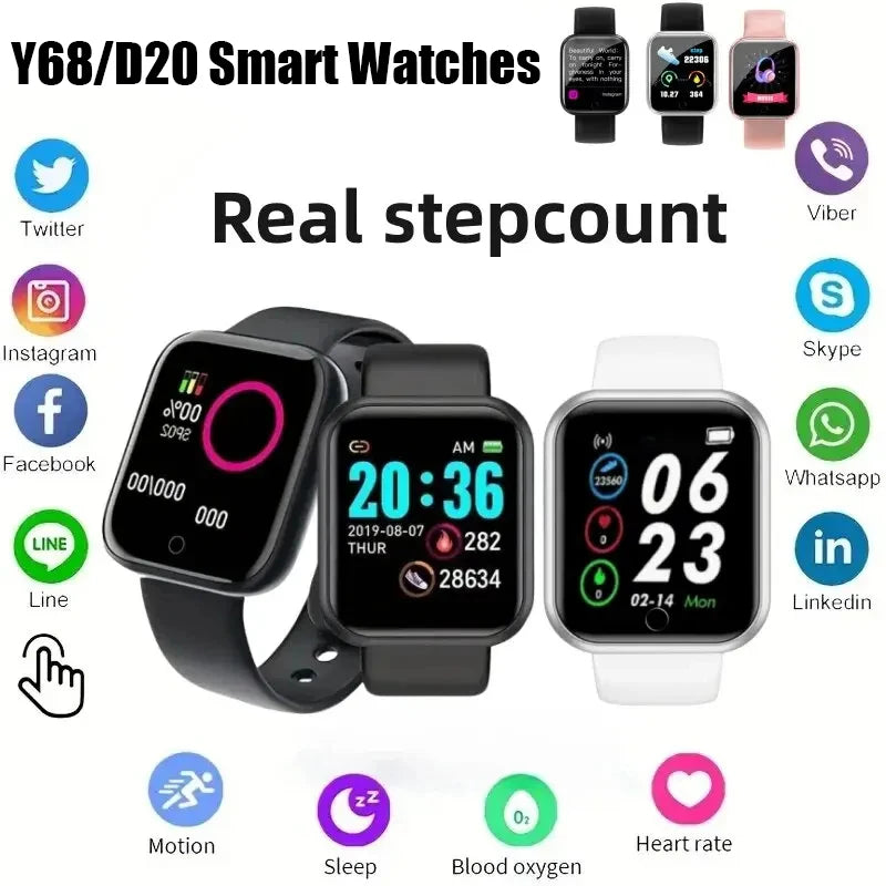 D20 Y68 Smart Watch Health Heart Rate Bluetooth 5.0 Pedometer Music Weather Outdoor Fitness Tracker Sports Bracelet Smart Watch