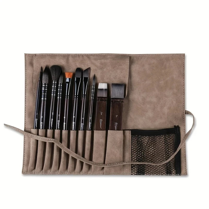 GIORGIONE，10pcs Master levePaint Brush, Squirrel Hair Watercolor Brush Set, High-end Brush Curtain, Matte Leather