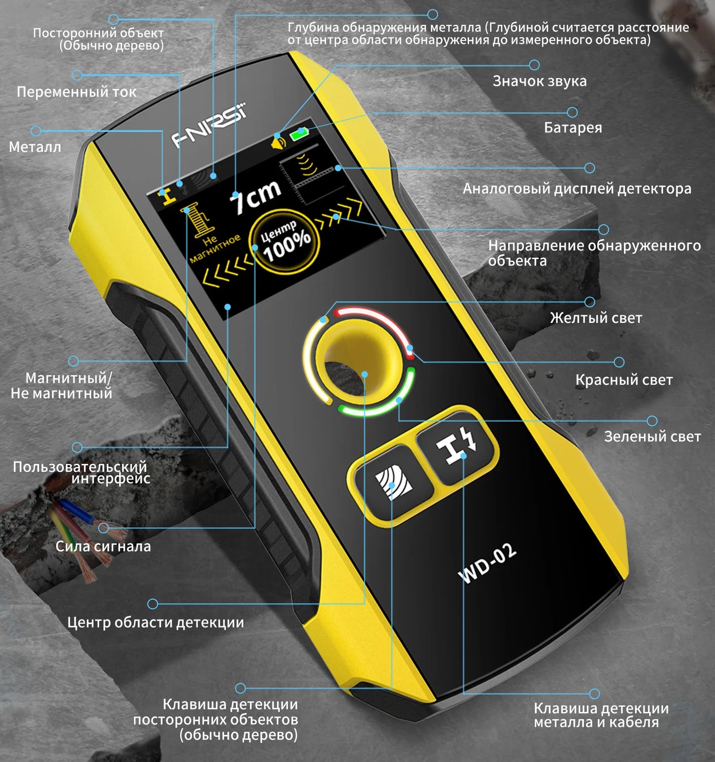 FNIRSI WD-02 Русская версия Металлоискатель Настенный сканер  Кабель Провода Металл Деревянный Стержень Найти