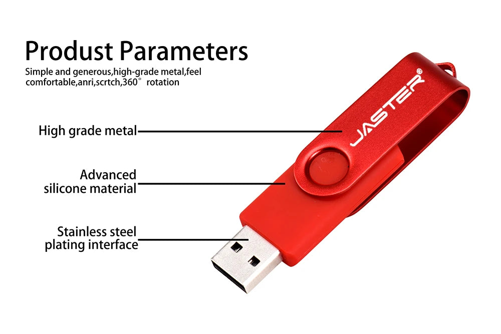 JASTER 360° Rotatable USB Flash Drive 64GB Free Key Chain Pen Drive 32GB Metal Clip Memory Stick 16G Black Red Blue Green U Dis