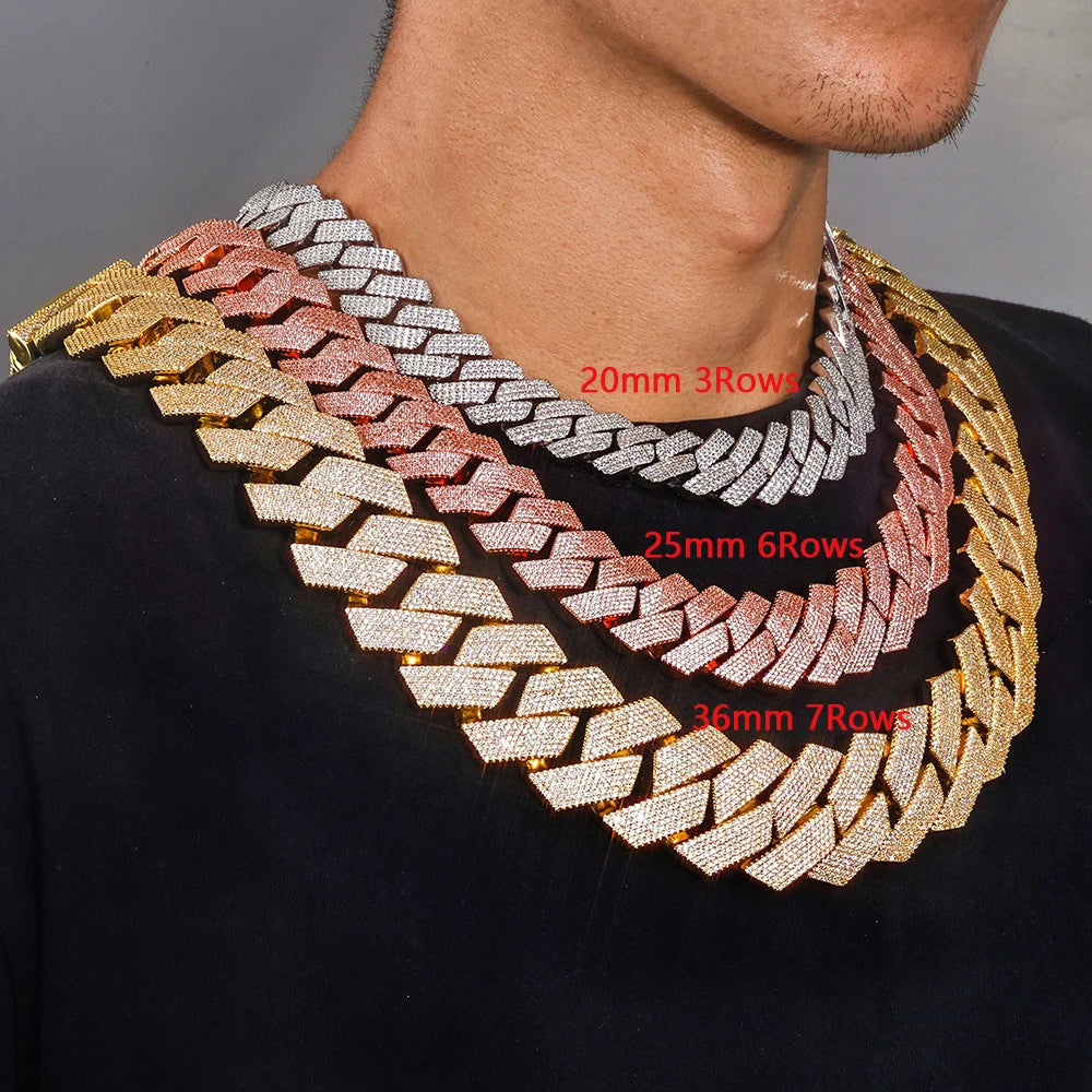 ESKEEM 36MM Chunky Cuban Link Chain 7 Row Full Diamond Iced Out Prong Cuban Chain Hip Hop Jewelry Necklace for Men