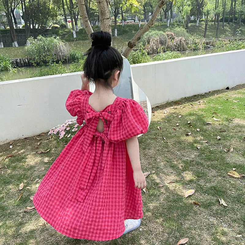 Girls Bubble Sleeve Dress Little Girl Summer Fashionable Bow Backless Dress Good-Looking Versatile Princess Skirt