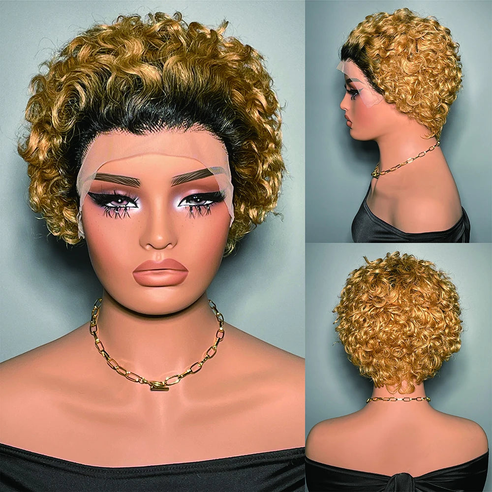 99J Wigs Human Hair Cheap Pixie Cut Wig 13X1 Transparent Lace Wig For Women Short Curly Human Hair Wig 180 Density