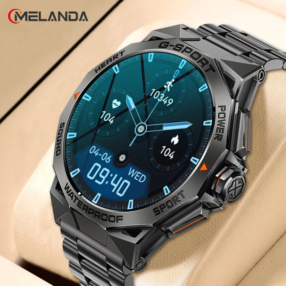 MELANDA 1.43” AMOLED HD Bluetooth Call Smart Watch Men Sports Fitness IP68 Waterproof Steel Smartwatch for Android IOS K62