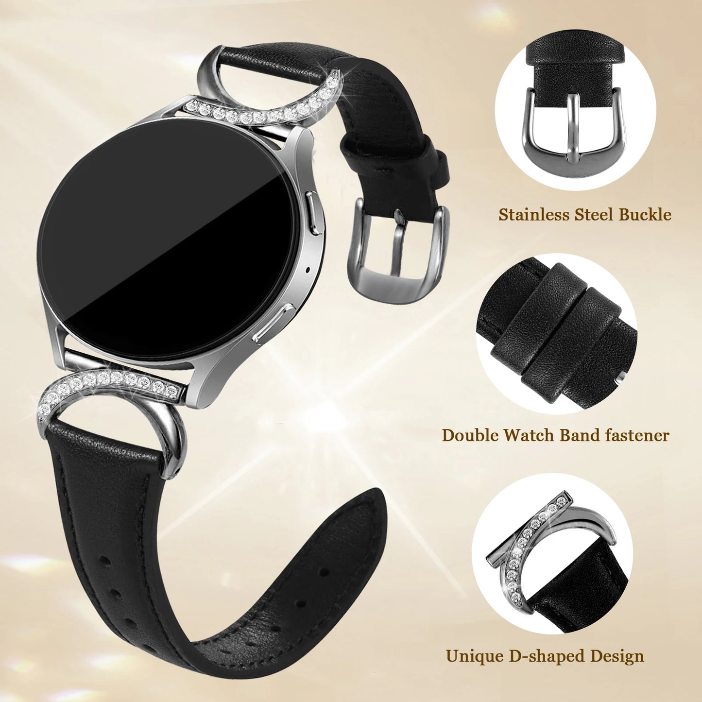 Leather strap compatible with Samsung Galaxy Watch 7/6/5/4 Classic strap 40/42/44/43/45/46/47mm Stylish 20mm strap for women