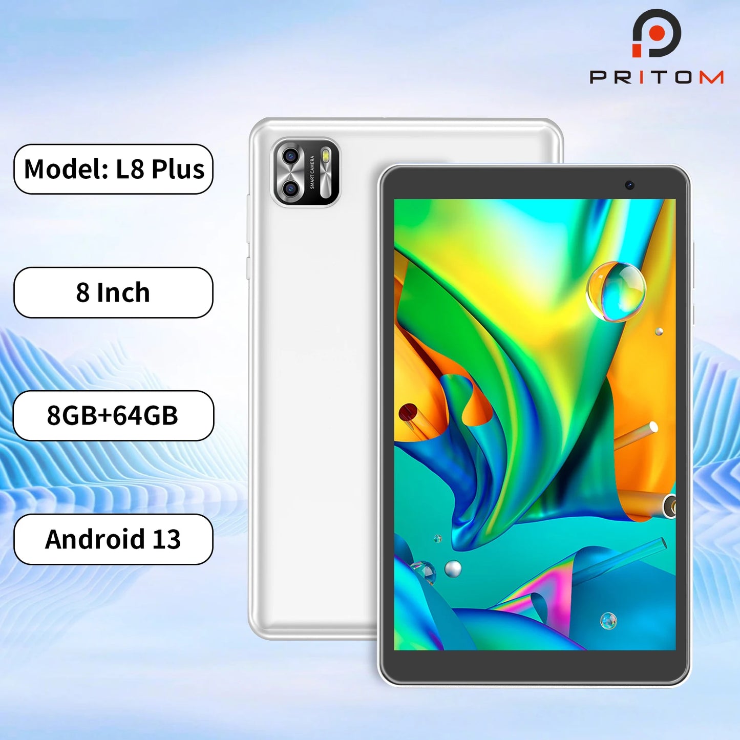 PRITOM 8 Inch Tablet Android 13, Octa Core,8GB(4+4 Expand) RAM 64GB ROM,1TB Expand,1280x800 IPS Screen 5000MAH,Dual Camera, WiFi