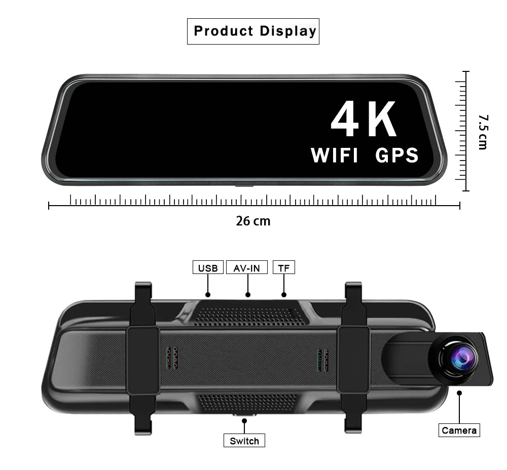 Car DVR 10 Inch 4K GPS WIFI Mirror Dash Cam Dual Lens Dashcam IPS Screen Car Camera Drive Recorder Stream RearView Mirror