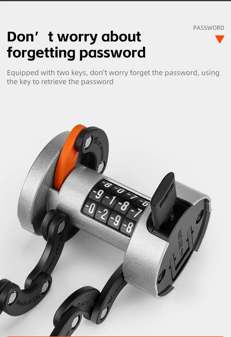 WEST BIKING Folding Bike Lock Combination Anti-theft Lock Portable E-Bike Heavy Duty Chain Lock Bicycle Cycling Accessories