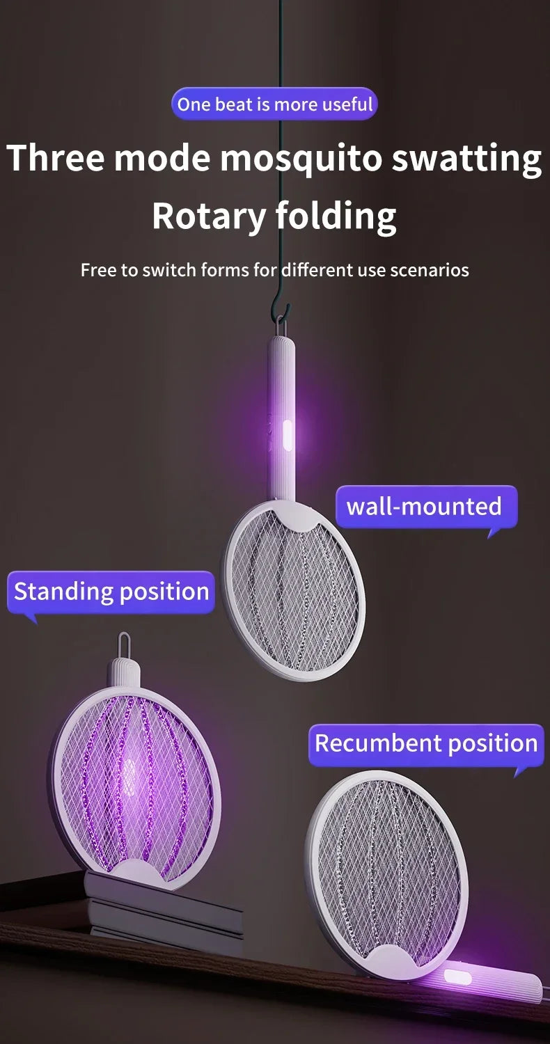 Foldable Electric Mosquito Killer Fly Swatter Trap USB Rechargeable Mosquito Racket Insect Killer with UV Light Bug Zapper 3000