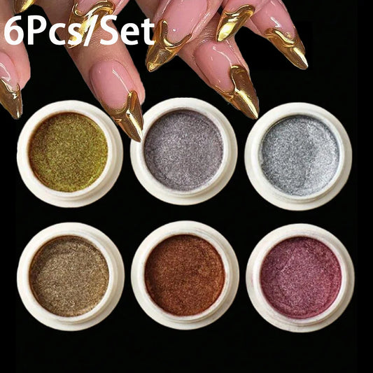 6Pcs/Set Magic Mirror Nail Art Powder Net0.5g/Jar Holographic Metallic Chrome Pigment Laser Gold Silver Manicure Rubbing Dust *&
