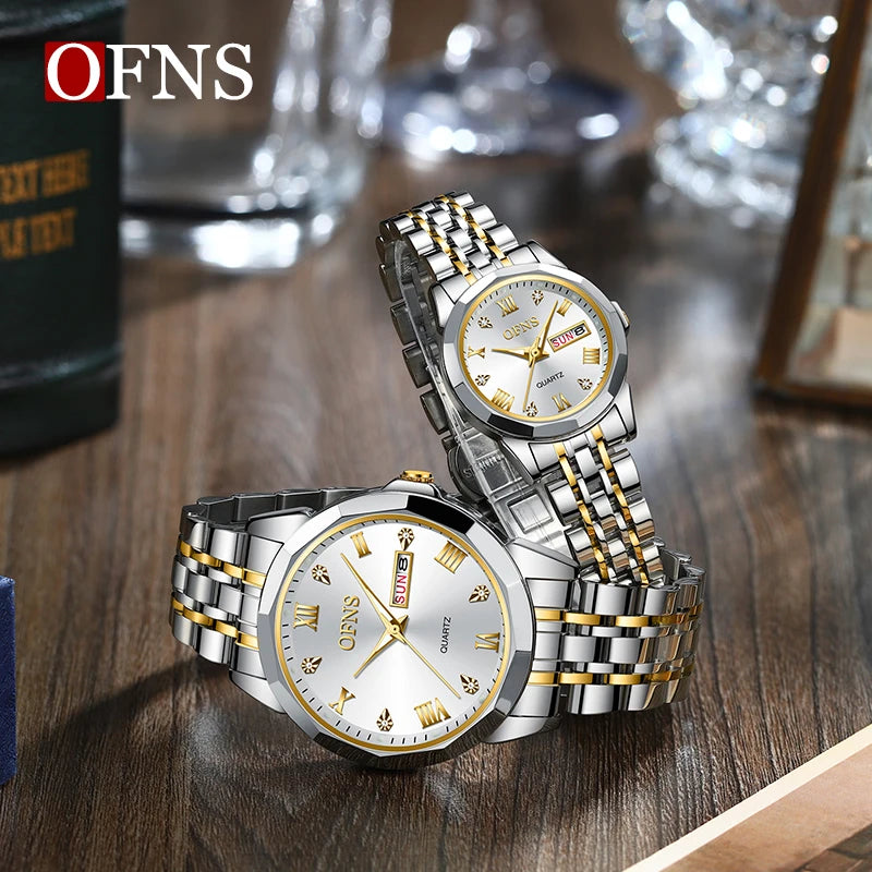 OFNS Top Brand Luxury Couple Watches Waterproof Luminous Stainless Steel Ladies Quartz Watch Men Women Fashion Lovers Watch