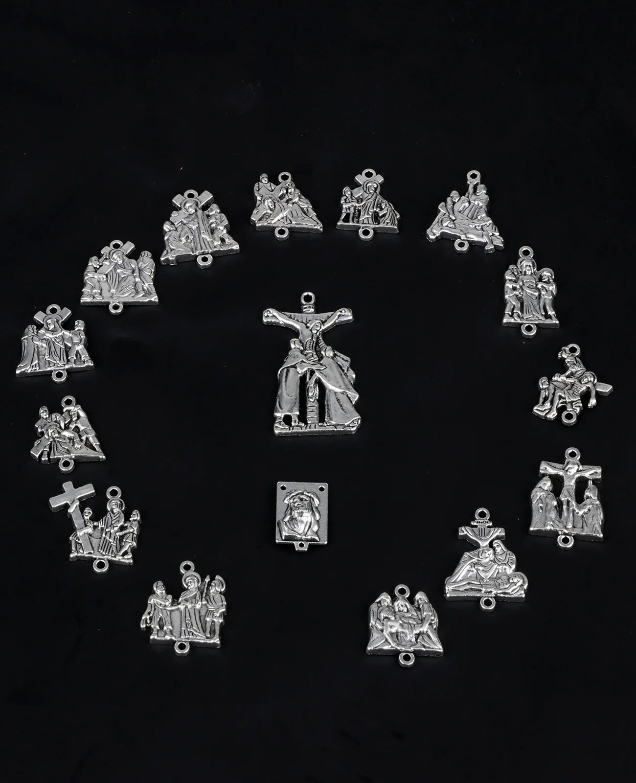16Pcs Stations Cross Signs Devotional Medals Crucifix Jesus Cross Crown of Thorns Pendant Set for Rosary DIY Accessories