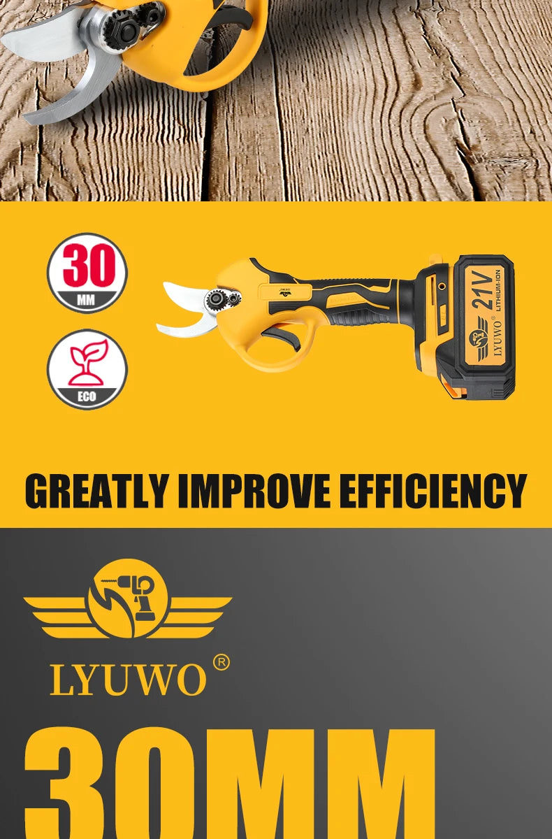 LYUWO Rechargeable Wireless Pruning Scissors, Fruit Tree Potted Pruning Electric Tool, 20V brushless, 30mm