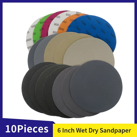 6 Inch Waterproof Hook and Loop Sanding Discs 60-10000 Grit Flocking Sandpaper 150mm for Wet Dry Grinder Polishing, 10 Pieces