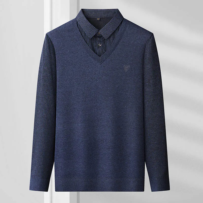 Mens Autumn Clothes Polo Collar Sweater Fake 2 Pieces Striped Velvet Jumpers Slim Fit Pullovers Elegant Knitted Sweaters