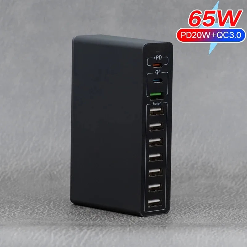 60/65W USB Charger Station 10 Port Desktop USB Fast Charger for Smart USB Charger for Multiple Devices Smart Phone Tablet Laptop
