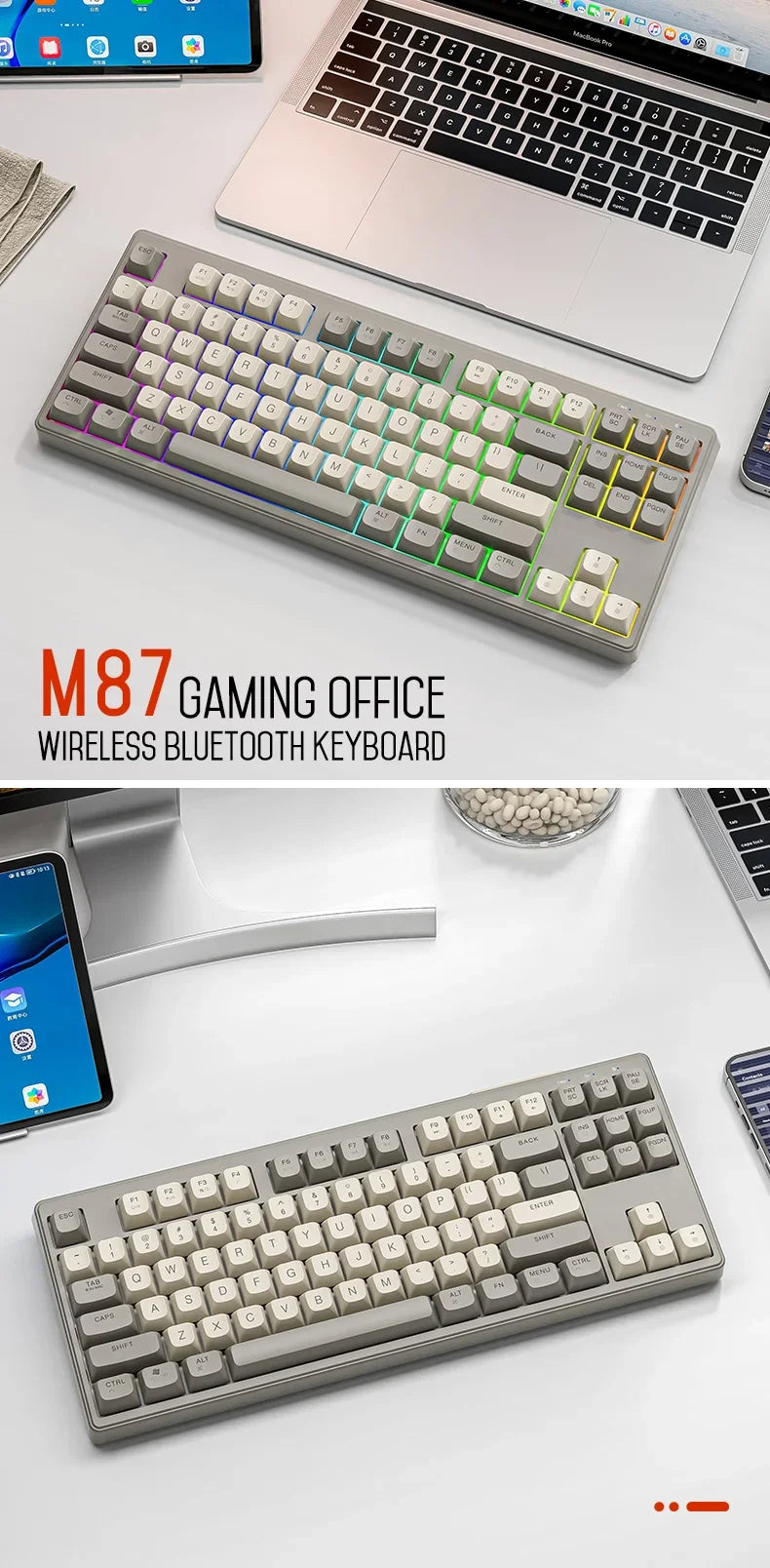 M87 Bluetooth Gaming Keyboard,Wireless Dual Mode Connection,PBT Ball Cap,Rainbow Light,Suitable for Computers, Laptops, and Mac