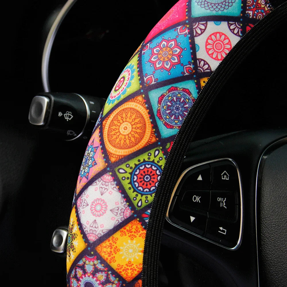 38cm Elastic Car Steering Wheel Cover Ethnic Style Print Anti-slip Car Steering-wheel Cover Car Interior Accessories Car Styling