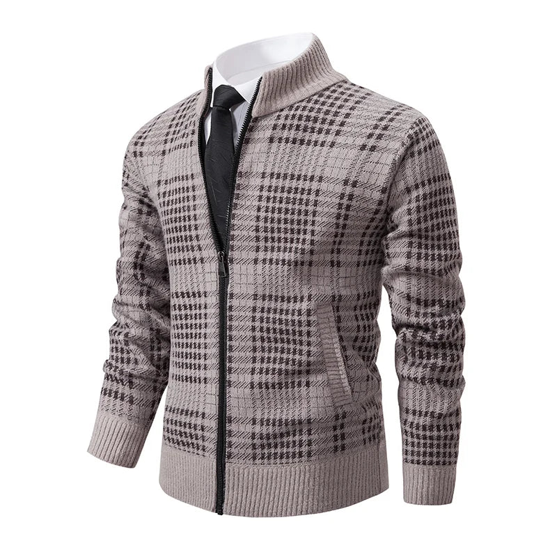 Mens Sweaters Jacket Full Zip Fleeced Sweater Cardigan Plaid Stand Collar Sweaters Coat Autumn Winter Homme Clothes