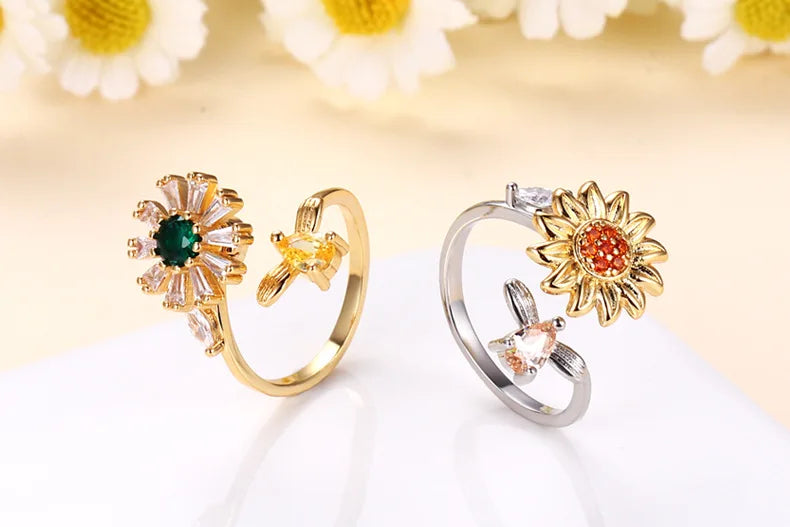 Rotating Sunflower Rings for Women Anti Anxiety Stainless Steel Ring Birthday Wedding Luxury Jewelry Gifts Adjustable Ring