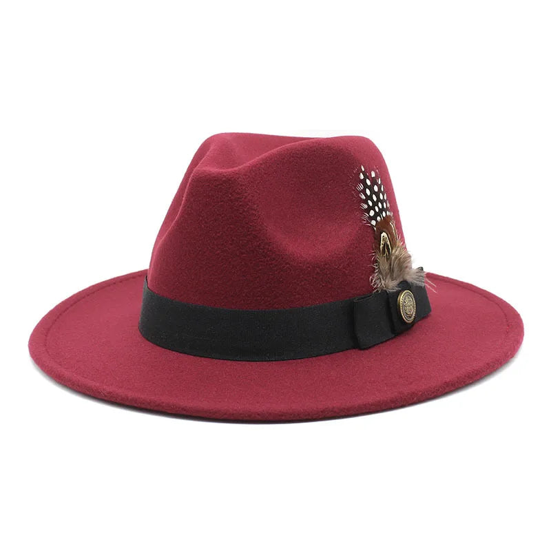 White Woolen Gentleman Classic British Jazz Feather Top Hat Wide Brim Party Church Wedding Fedora Hats Men Women Panama Felt Cap