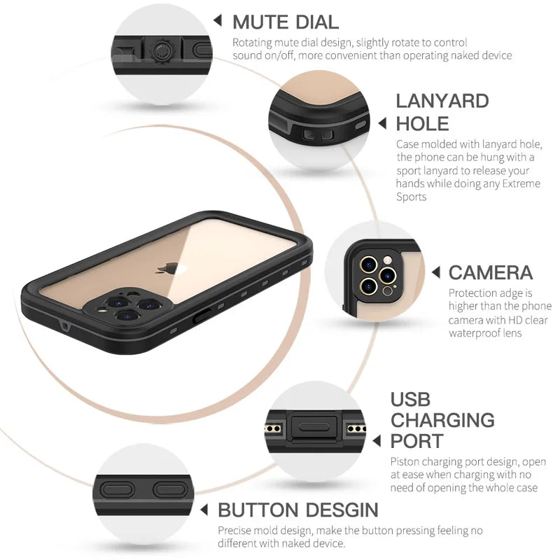 IP68 Waterproof For IPhone 16 15 14 13 12 11 Pro Max XS XR 7 8 Case RedPepper Clear Cover Diving Underwater Swim Outdoor Sports