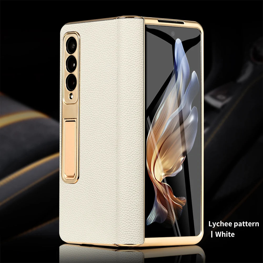 Leather Phone Case for Samsung Galaxy Z Fold 7 6 5 4 3 Fold6 Fold7 Gold Plating Magnetic Hinge Stand Back Cover with Mirror Film