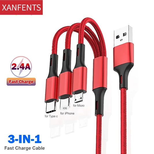 2.4A Braided One Drag Three USB-A For Apple Android Type-c/USB-C Fast Charging Cable 1.2m  3in1 Black Silver Red Blue Golden