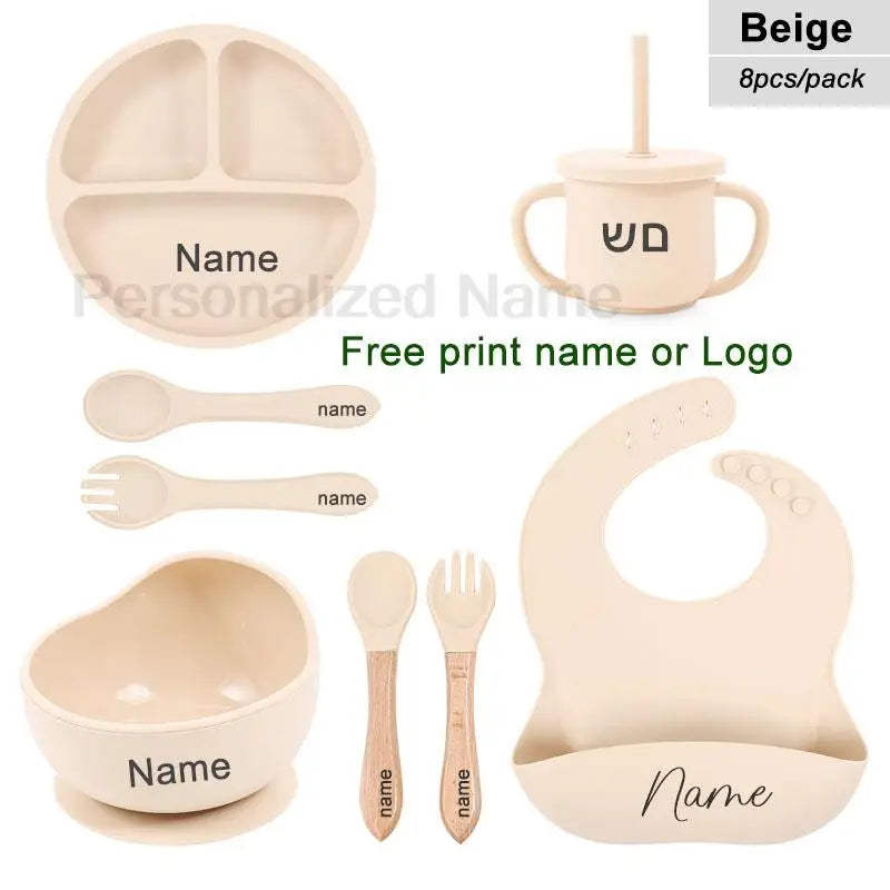 8Pcs Baby Silicone Feeding Set Round Dining Plate Sucker Bowl Dishes For Kids Personalized Name Children's Tableware Straw Cup