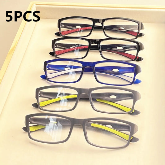 5PCS Sport Style Non-Prescription Reading Glasses Anti-Blue Light Rectangular Full Rim Eyewear, PC Frame Material