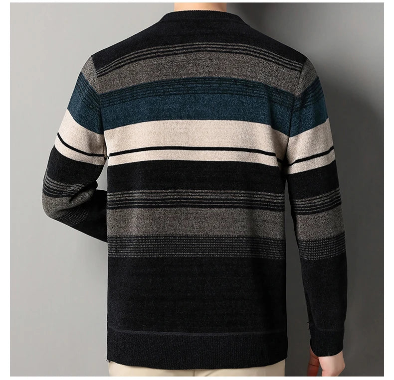 Mens Thickened Sweater Stripe Velvet Pullover Men's Winter Clothes Elegant Luxury Brand Fashion Knitted Sweaters