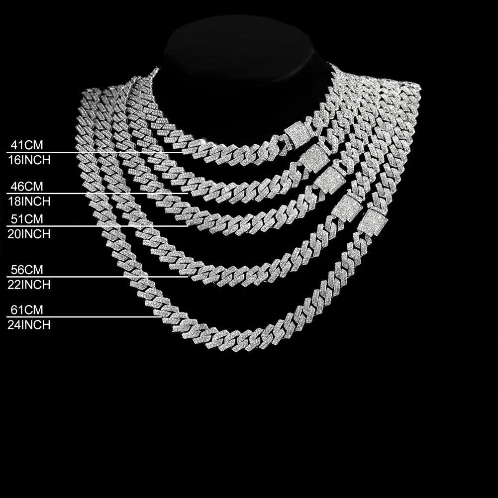 Hip Hop Men Iced Out Chain Prong Rhombus Cuban Link Necklace 14/20MM width Gold Silver Color Thick Cuban Chain Necklace Jewelry