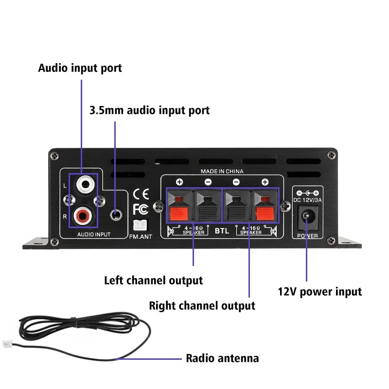 AK380 12V Bluetooth Power Amplifier Home Car Class D HiFi Amp Max 800W Stereo BASS Audio Amps Support FM MP3 Player USB SD input