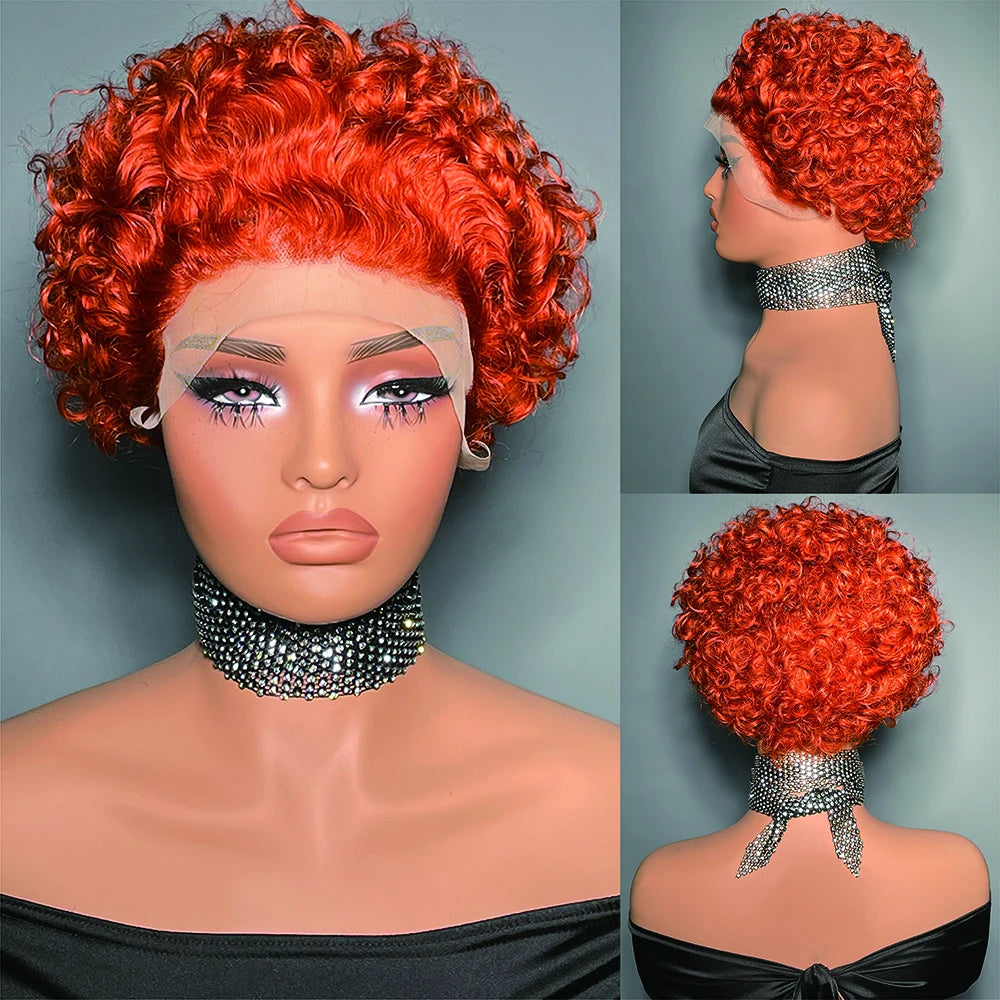 99J Wigs Human Hair Cheap Pixie Cut Wig 13X1 Transparent Lace Wig For Women Short Curly Human Hair Wig 180 Density