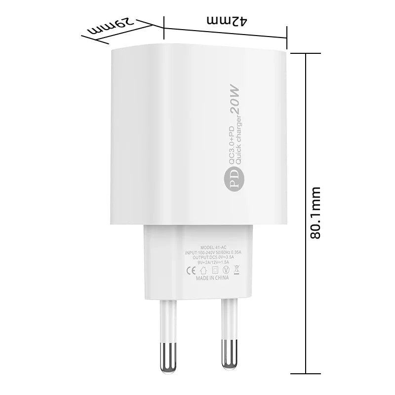 20W USB C Charger PD Fast Charging Quick Charge QC3.0 Type C Mobile Phone Wall Adapter for IPhone 15 Samsung Xiaomi USB Charger