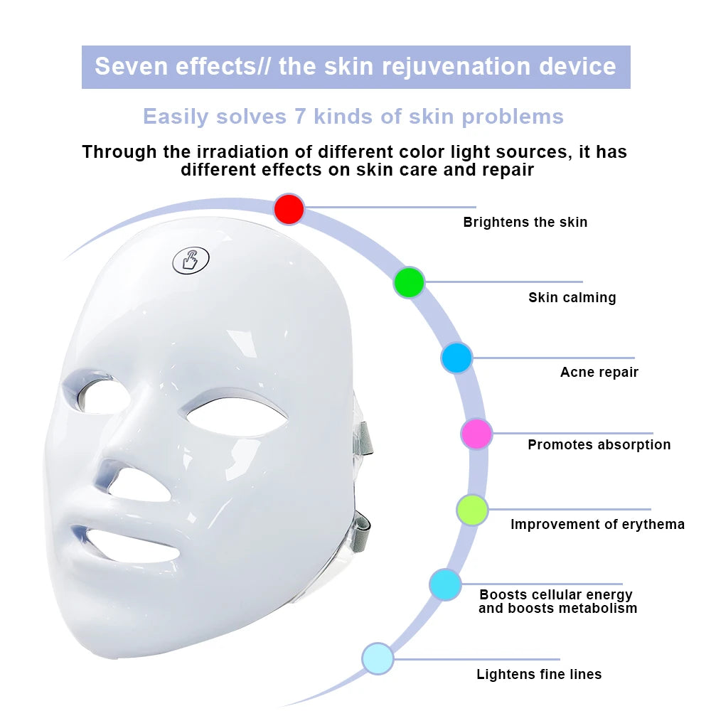 7 Colors LED Facial Mask Photon Therapy Face Skin Care Mask Anti Acne Therapy Skin Rejuvenation Wrinkle Removal Face Beauty Mask