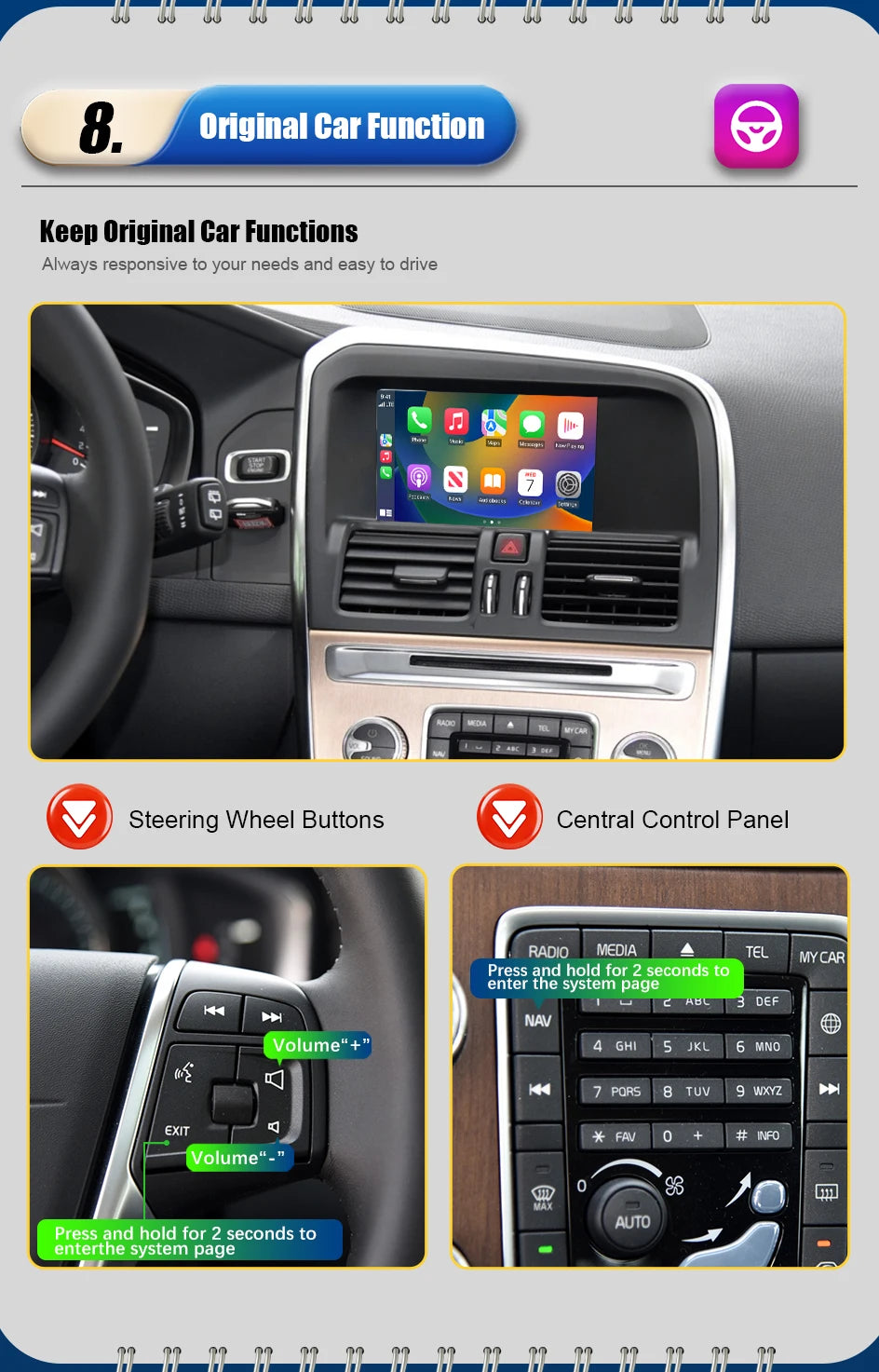 Wireless Apple CarPlay For VOLVO 7‘’ S60 S80 XC60 V60 V40 S60L 2015-2019 Car Play Android Auto Box Mirror Front View Rear Camera