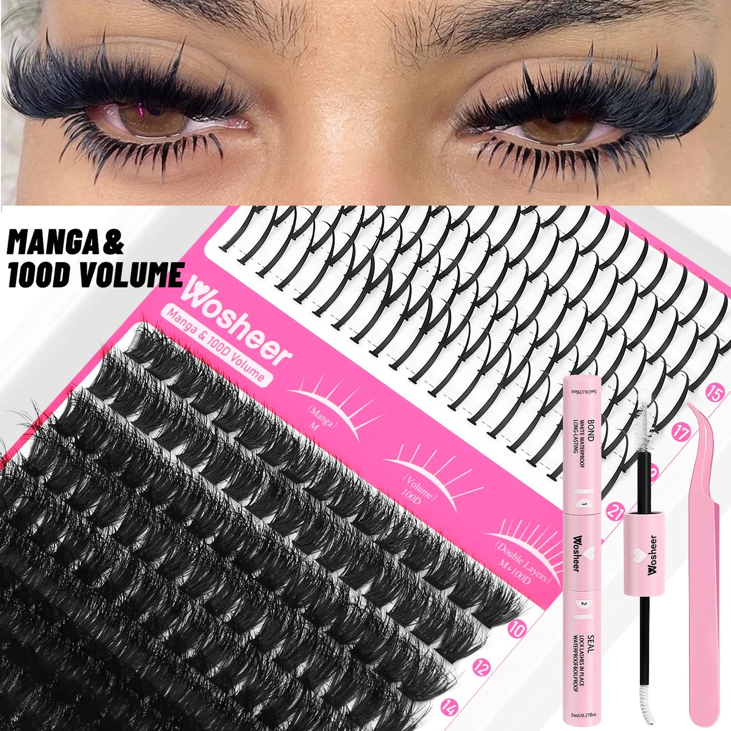 WOSHEER Lash Clusters Kit Lash Spikes Eyelash Clusters Volume Individual Lashes DIY Spiky Lash Extension Manga Clusters Eyelash