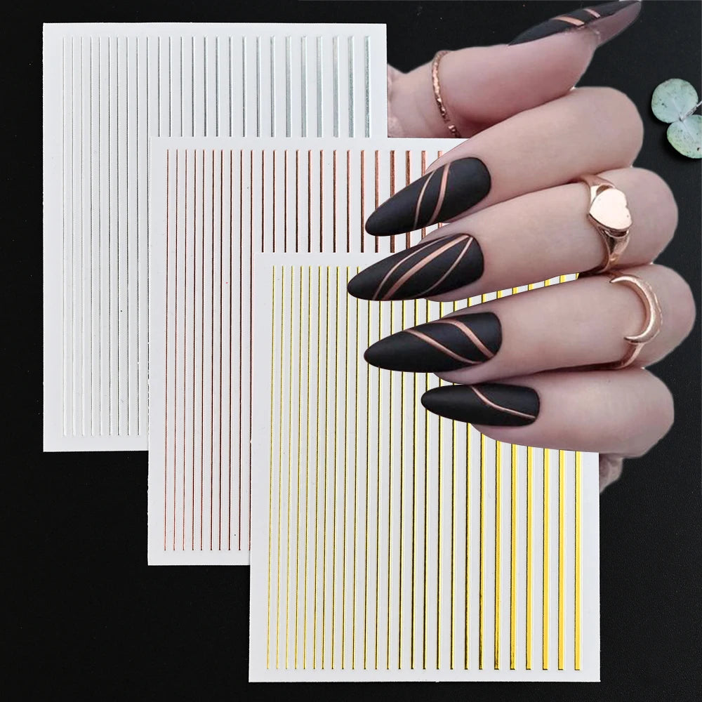 1Sheet Laser Gold/Silver Line 3D Nail Art Stickers Colorful/Black/White Stripe Self-Adhesive Slider DIY Lines Manicure Decals *&