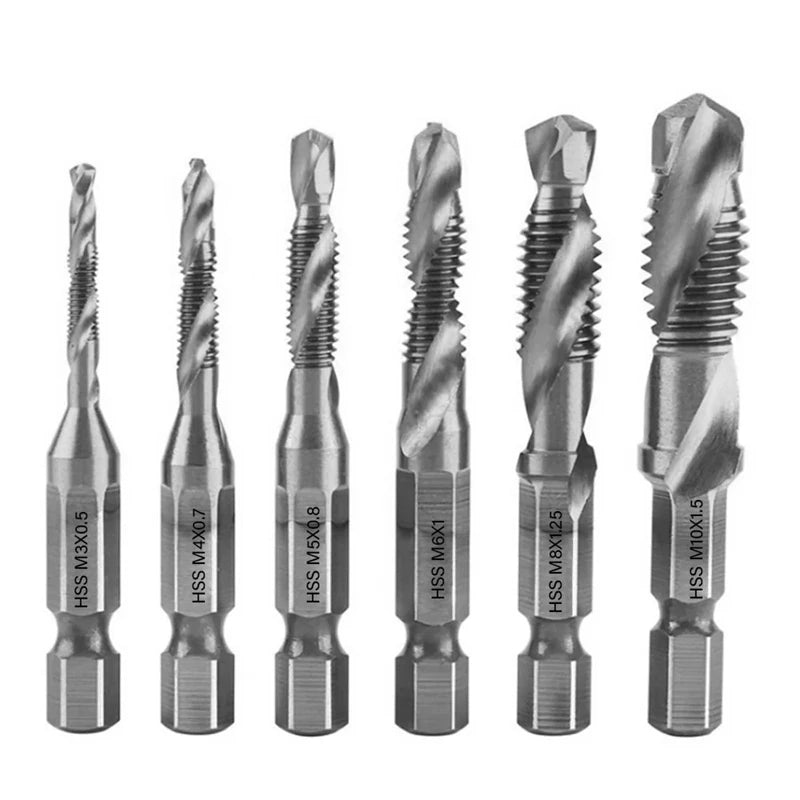 6pcs Tap Titanium Plated Hex Shank Drill Bits HSS Screw Thread Metric Taping Screw Machine Compound Tool M3-M10 Hand Tools