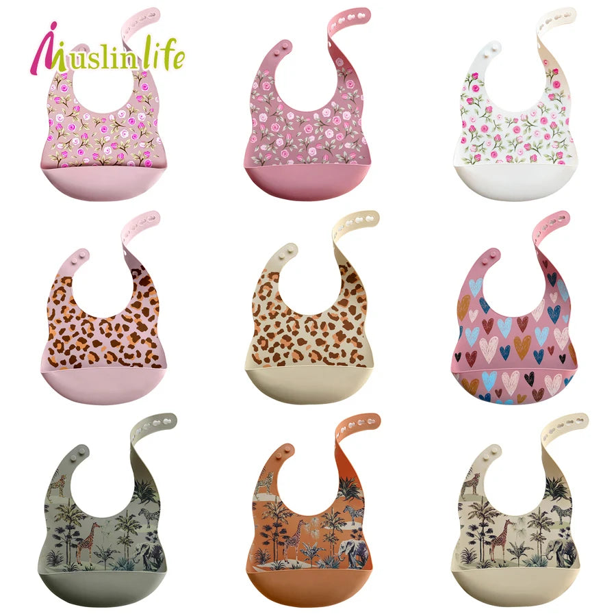 Fashionable Cartoon Printed Waterproof Soft Baby Silicone Bibs Newborn Adjustable Children Burp Cloth Feeding Baby Stuff