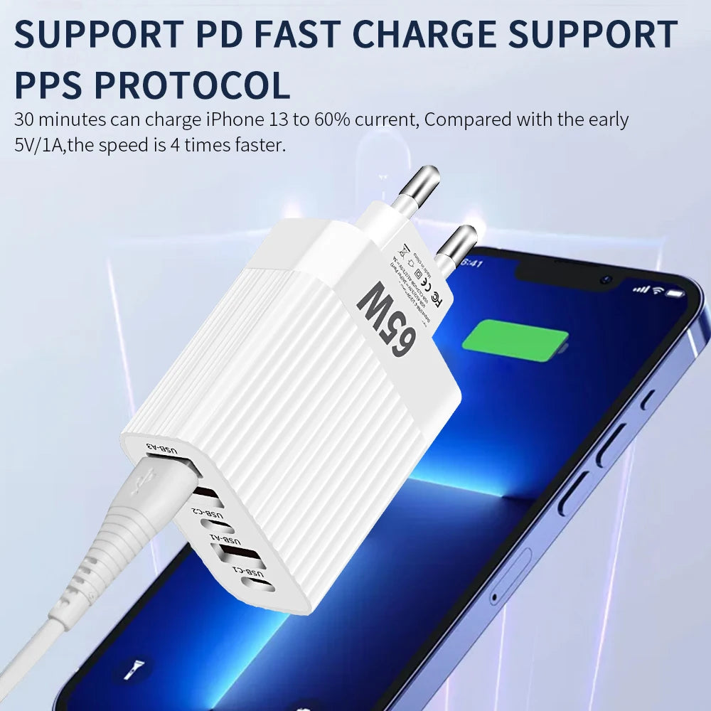 USB C Charger 5 Ports 65W Fast Charging Phone Charge Adapter For iPhone 15 14 13 12 Samsung Xiaomi EU/US Plug Quick Wall Charger