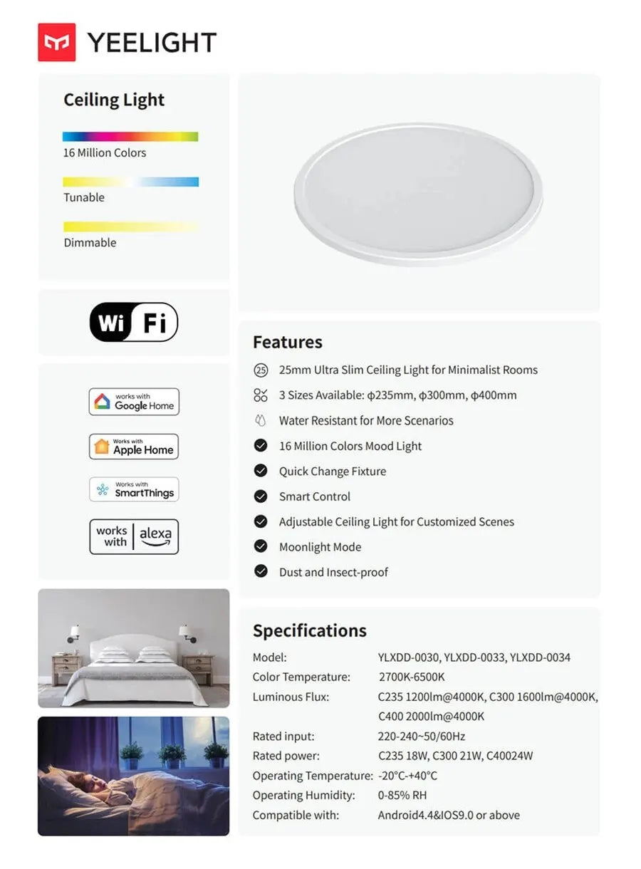 Global Version Yeelight Smart Ceiling Light RGB Wifi 18W/21W Dimmable 2700-6500K Ultra Slim Smart Voice Control Work with Mihome