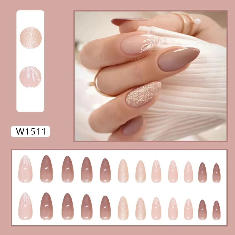 Gold Pink Wine Red 24 Pcs Fake Nail with Jelly sticker Press on False Nails Wearable Round Head Oval Full Cover Nail Tips
