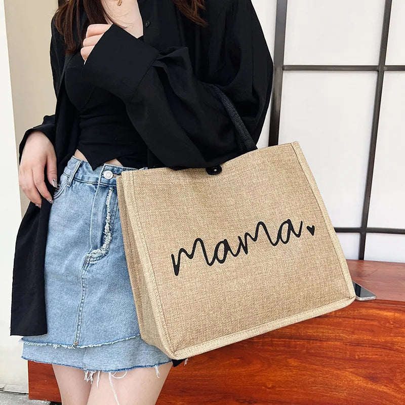 Women Large Capacity Tote Bag Mama Letter Printing Casual Fashion Linen Handbag Shopping Shoulder Bag Mother’s Day Gifts for Mom