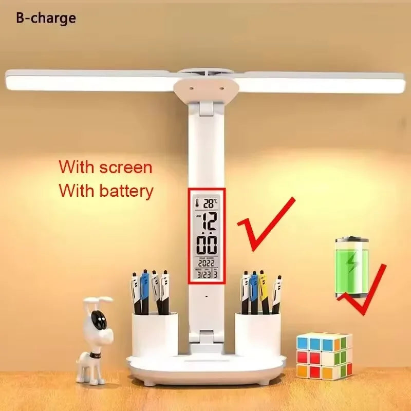 Multifunctional Eye Protection Rechargeable LED Clock Dimmable Desk Lamp 180° Rotating Foldable Desktop Reading Night Light USB
