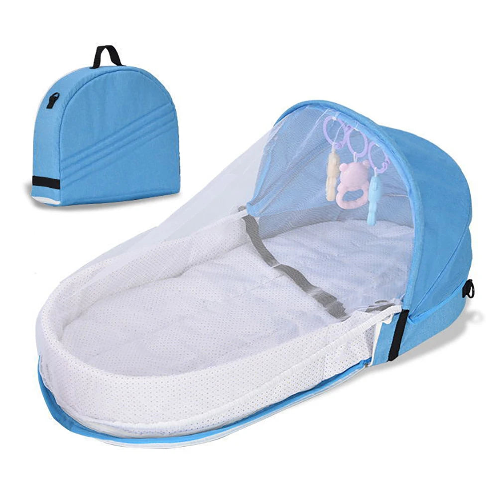Portable Foldable Baby Crib with Mosquito Net Travel Backpack Playpen for Newborns 2-12 Months Multi-Function Baby Bed with Toys