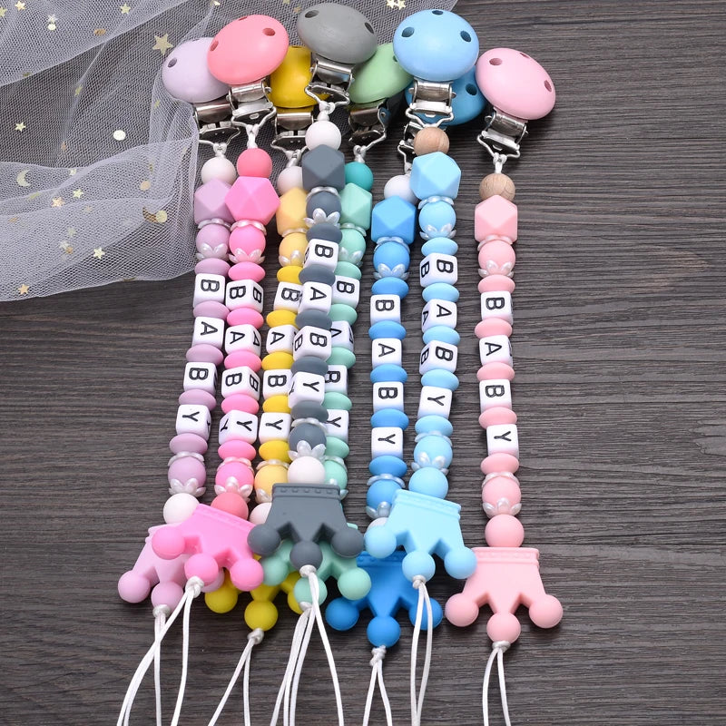 New Baby Crown Pacifier Clips Silicone Pacifier Chains Handmade Toddler Teething Chain Nipple Clip Chew Toys Not Customized