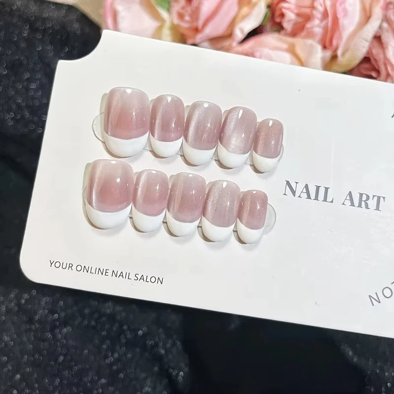 10pcs Handmade Press on Nails Plaid Pearl French Cat's Eye Aurora Fishtail Full Coverage Nail Tip for Women&Girl Removable Nail